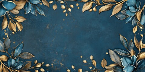 Elegant Floral Frame featuring Rich Blue and Gold Accents with Ample Copy Space for Text or Branding Elements
