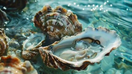 Fresh oysters in water, perfect for restaurant menus, food blogs and seafood articles.