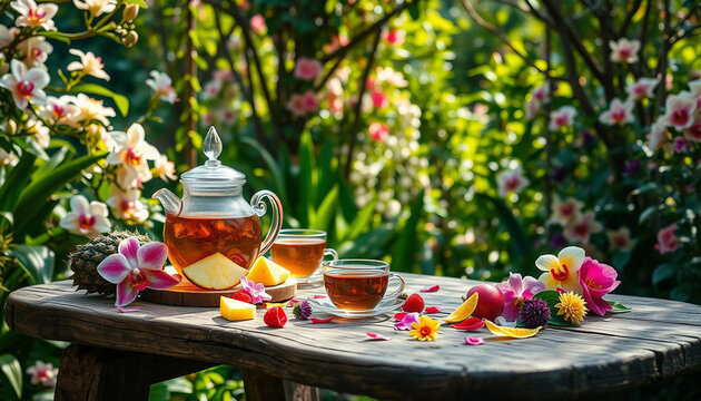 A scenic arrangement of tea, tropical fruits, and vibrant flowers displayed outdoors amid a lush garden setting. The image evokes a sense of relaxation, tropical vacation vibes, and serene natural bea