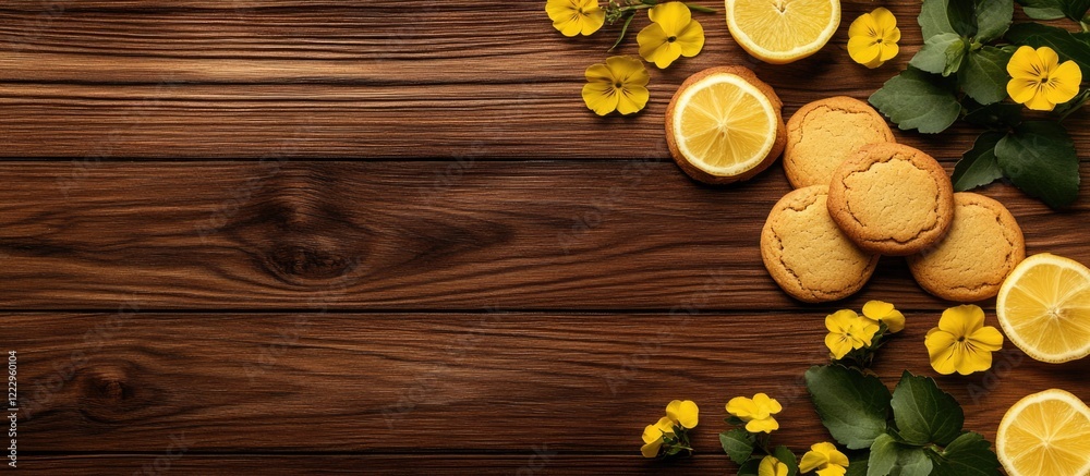 Poster cookies and lemon geranium flowers on rosewood table with empty space for text in holiday celebratio