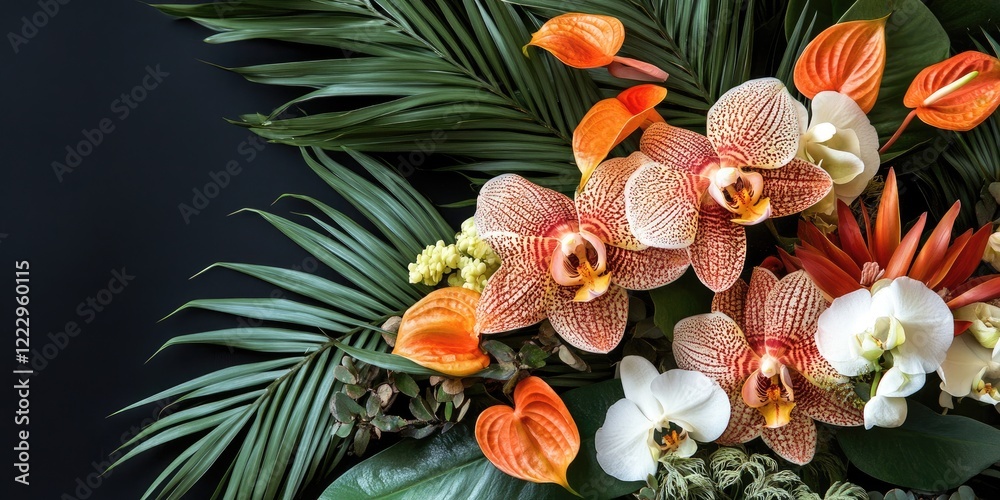 Aufkleber Vibrant floral composition featuring orchids and tropical leaves with ample space for text or branding on a dark background