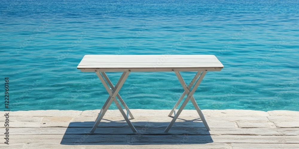 Poster elegant folding table by serene blue waters with clear sky ideal for relaxation and empty space for 