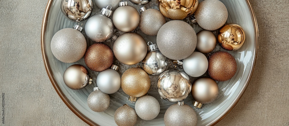 Fototapete elegant top view of a decorative plate filled with silver and gold christmas ornaments with ample em