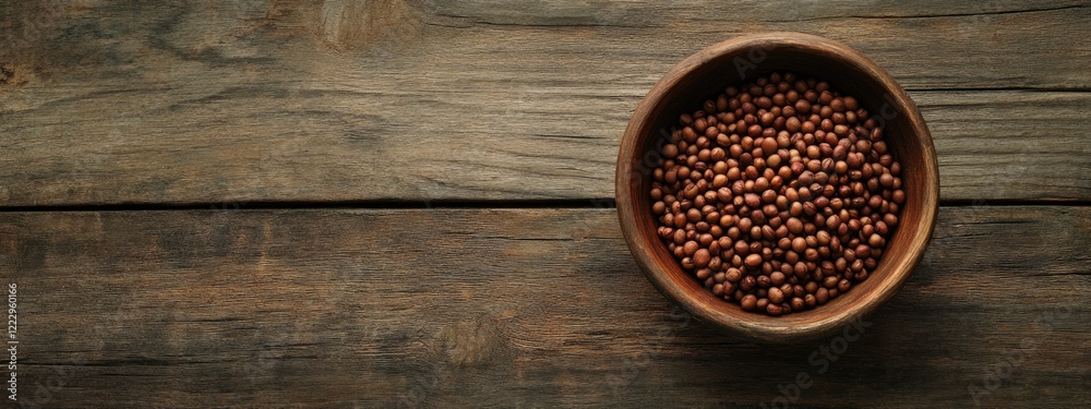 Aufkleber Dried brown peas in a wooden bowl on a rustic table with ample space for text or graphic overlay for culinary or health themes.