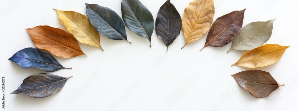 Poster Dried leaves in a circular arrangement on a white background with ample space for text or graphics ideal for seasonal designs