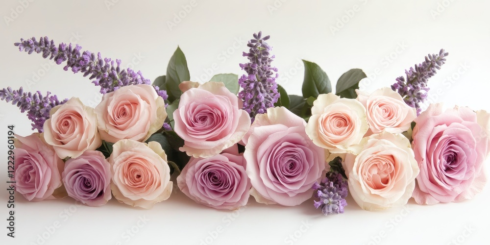 Poster elegant floral display featuring soft pink and lavender roses with fresh greenery and purple accents