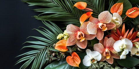 Vibrant floral composition featuring orchids and tropical leaves with ample space for text or branding on a dark background