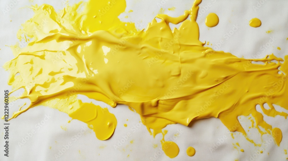 Poster vibrant yellow paint spill on white fabric abstract textured background showcasing artistic grunge s