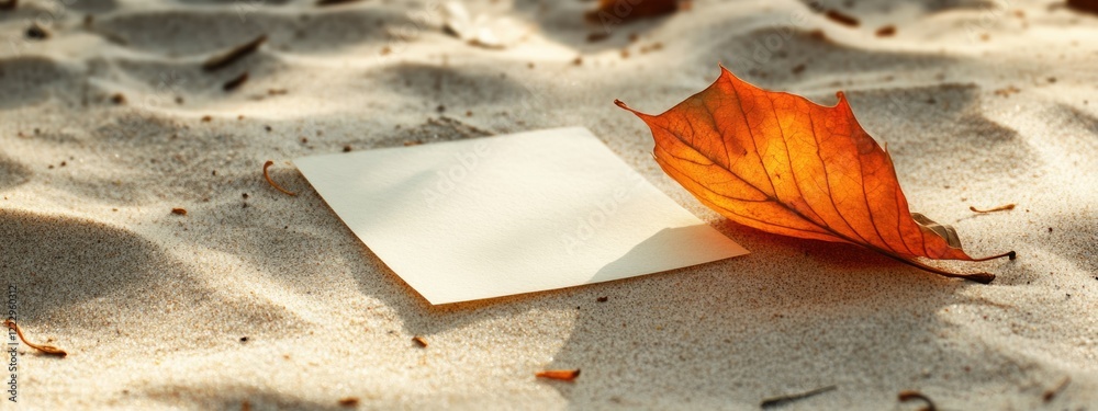 Poster dried autumn leaves and blank note on sandy beach perfect for inspirational messages or creative des