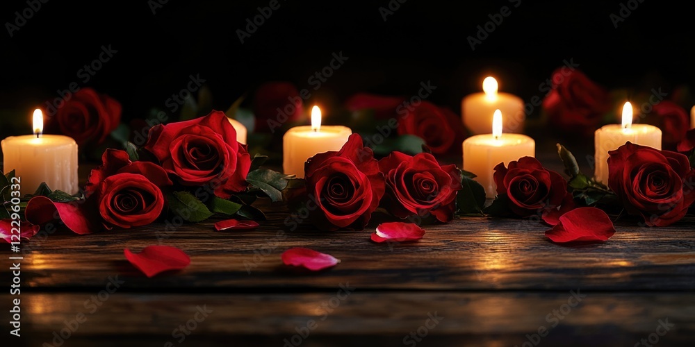 Aufkleber Elegant dinner party setup featuring red roses and candles against a dark background with ample copy space for personalized text.