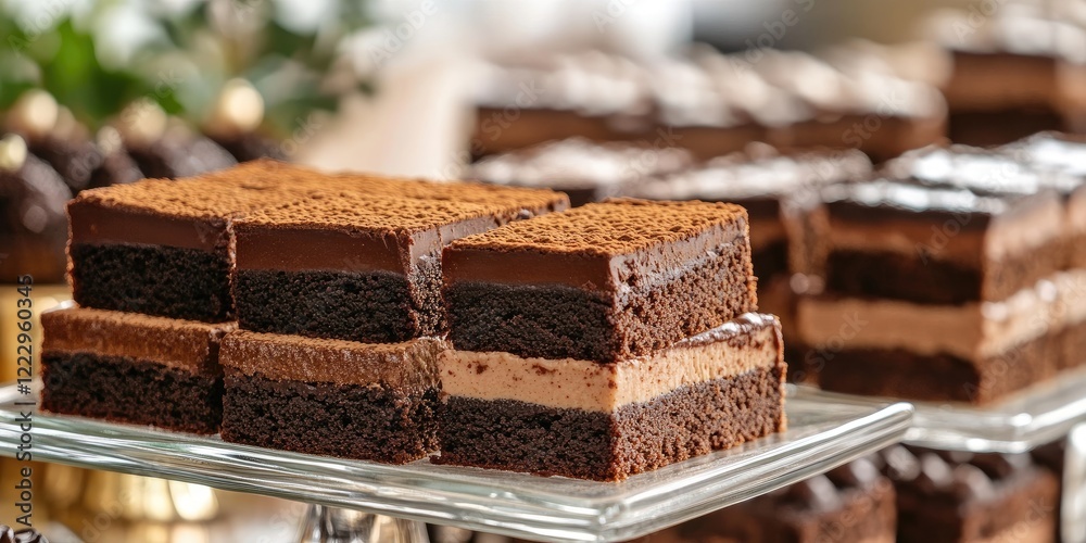 Aufkleber Elegant Layered Fudge Brownie Dessert Display with Copy Space for Text in a Gourmet Setting