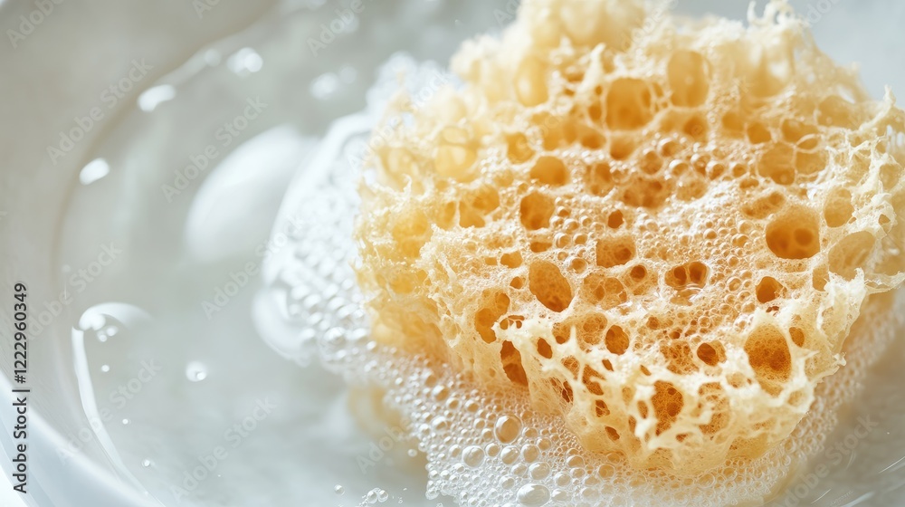 Poster Close up of a natural sponge in water showcasing textures and bubbles in a minimalist bathroom setting with ample space for text or graphics