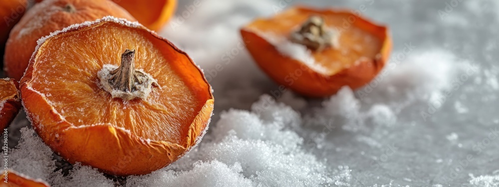 Leinwandbilder dried persimmon fruits on snowy surface with empty space for text or design elements