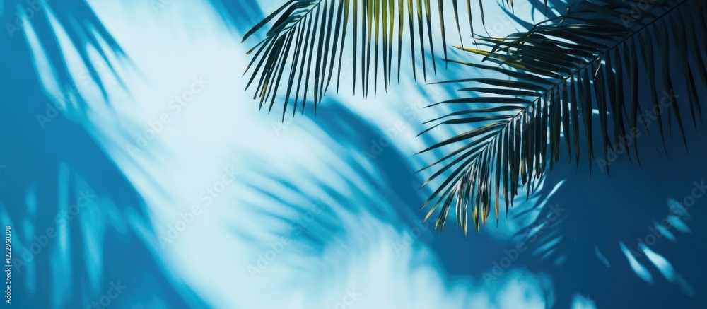 Leinwandbilder Serene blue backdrop with palm tree shadows creating a tranquil dappled light effect ideal for adding text or branding elements
