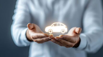 Businessman holding glowing car icon, symbolizing innovation and technology. ,Insurance