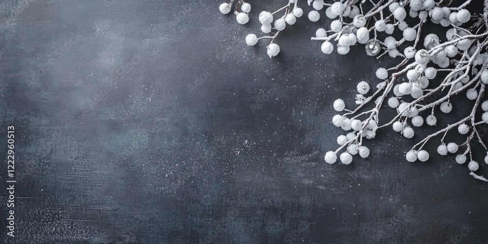 Poster Winter-themed dining table setup featuring snow accents and empty space for text in a stylish, elegant atmosphere.