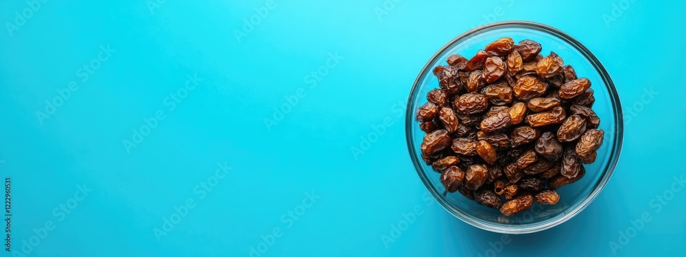 Poster Dried dates in a clear bowl on a vibrant blue background with ample space for text or branding elements