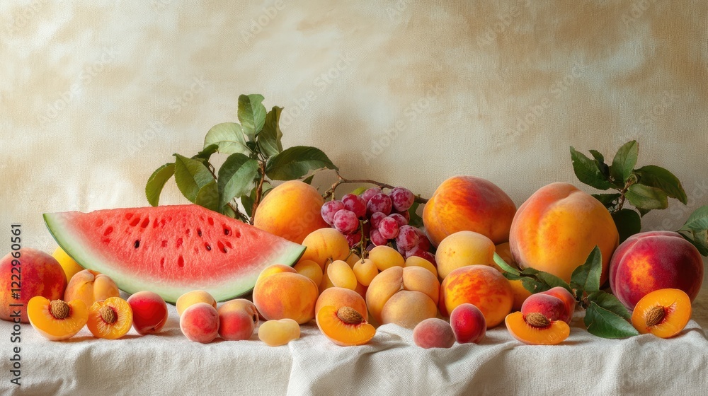 Aufkleber assorted summer fruits spread on light table linens featuring watermelon peaches apricots and nectar