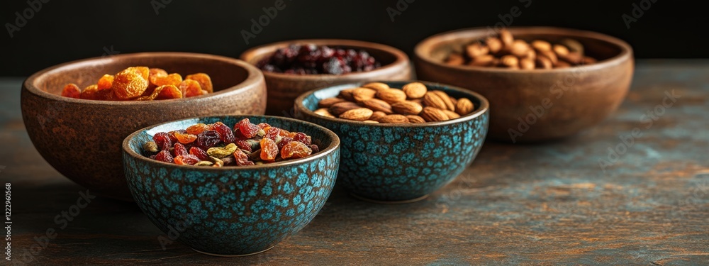 Aufkleber Dried fruits and nuts in decorative bowls on rustic background with empty copy space for text in healthy snack concept