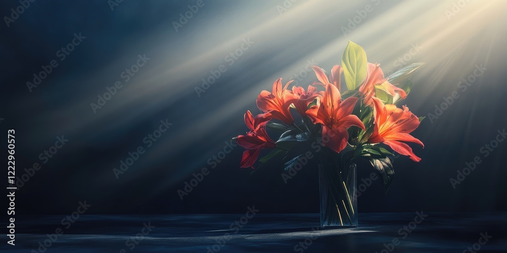 Poster Elegant flower bouquet in soft morning light with a dark background and ample copy space for creative text or messages.