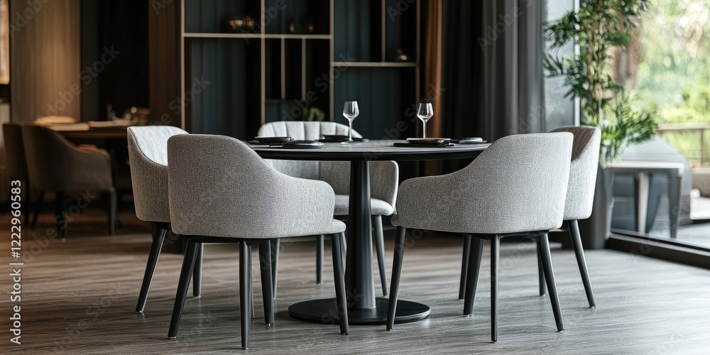 Aufkleber Elegant cafe dining setup with modern chairs and empty space for text or branding in a contemporary interior setting.
