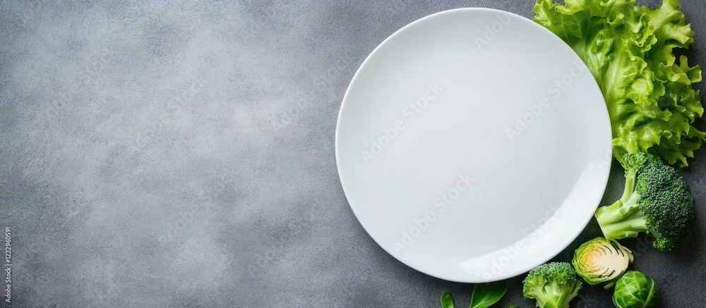 Poster fresh vegetables on a white plate with empty space for text on a gray slate background showcasing le