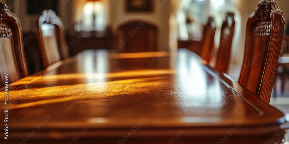 Poster elegant wooden dining table setup with refined furniture and ample empty space for personalized text