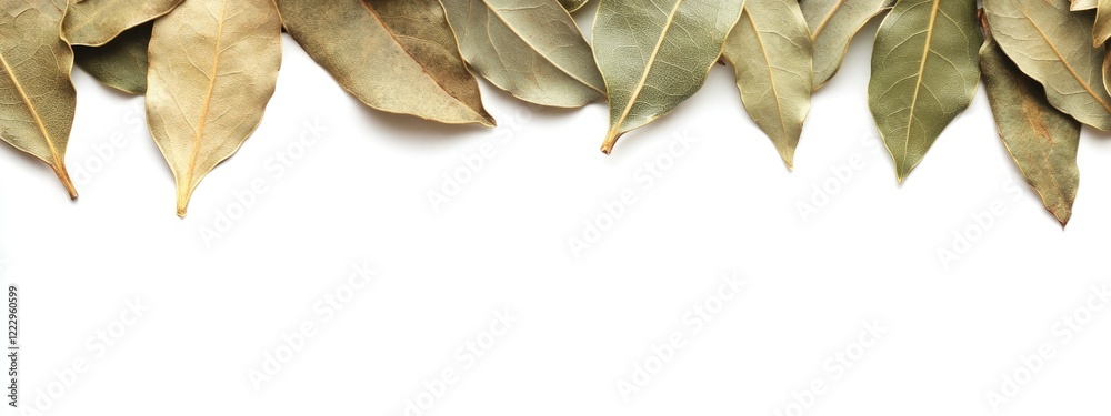 Poster dried bay leaves arranged on a white background offering ample empty space for text or culinary desi