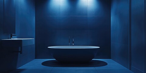 Elegant dark blue bathroom design featuring a modern tub and sink, providing ample empty space for text or branding opportunities.
