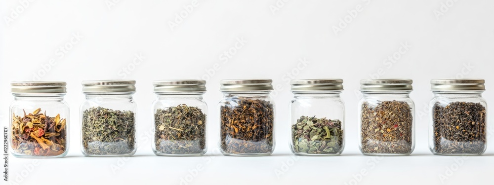 Poster dried herbal tea leaves in glass jars on white backdrop with ample space for text and branding in a 