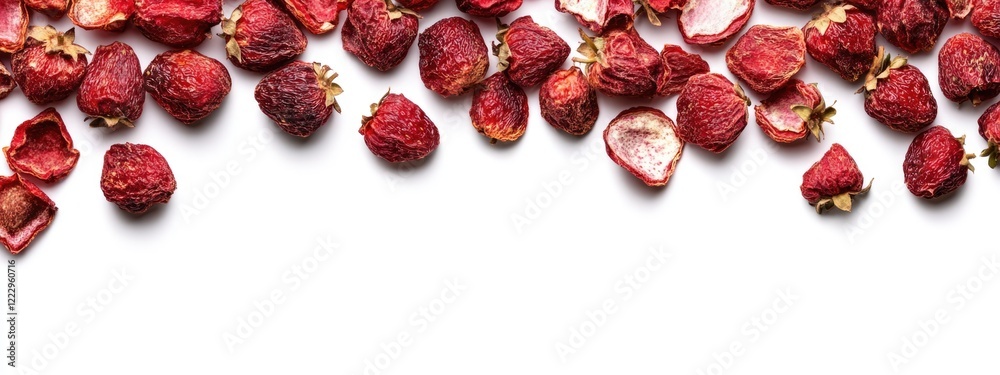 Leinwandbilder Dried Strawberries on White Background with Empty Space for Text Display and Product Presentation