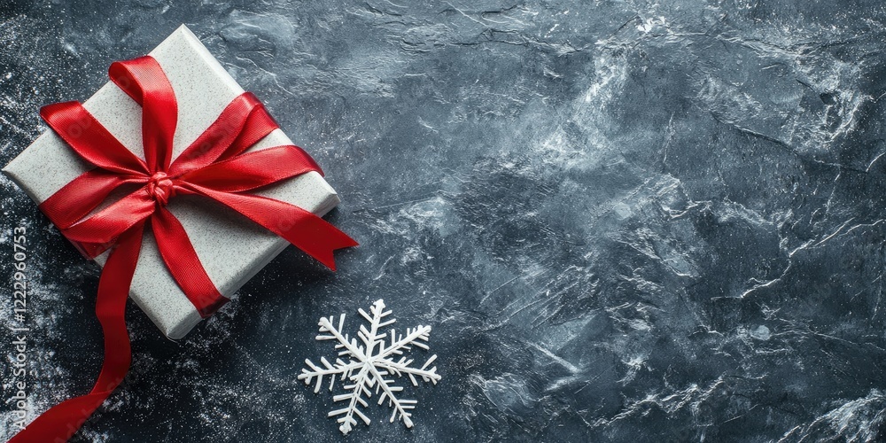 Poster elegant silver gift box with red ribbon and snowflake on dark textured background for holiday themed