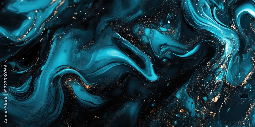 Poster elegant fluid marble background in teal and gold tones with shimmering waves and ample space for tex