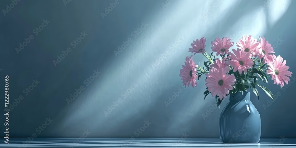 Poster soft morning light highlights an elegant flower bouquet in a vase with empty space for text on a ser