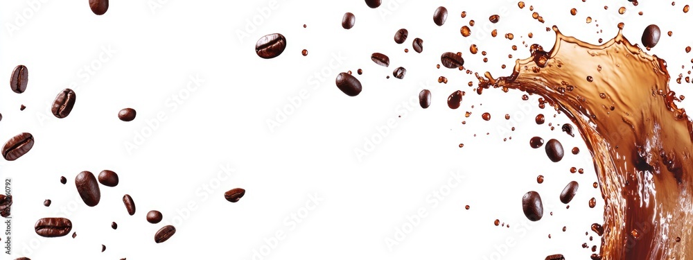 Poster coffee splash isolated on white background with flying coffee beans and space for text or branding