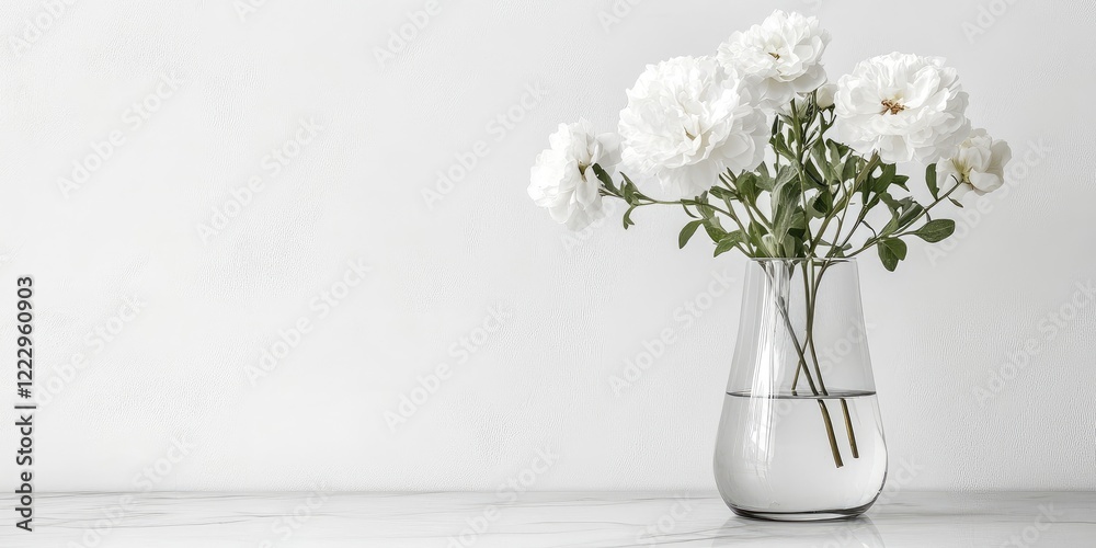 Aufkleber sophisticated glass vase with white flowers on a marble surface featuring ample negative space for c