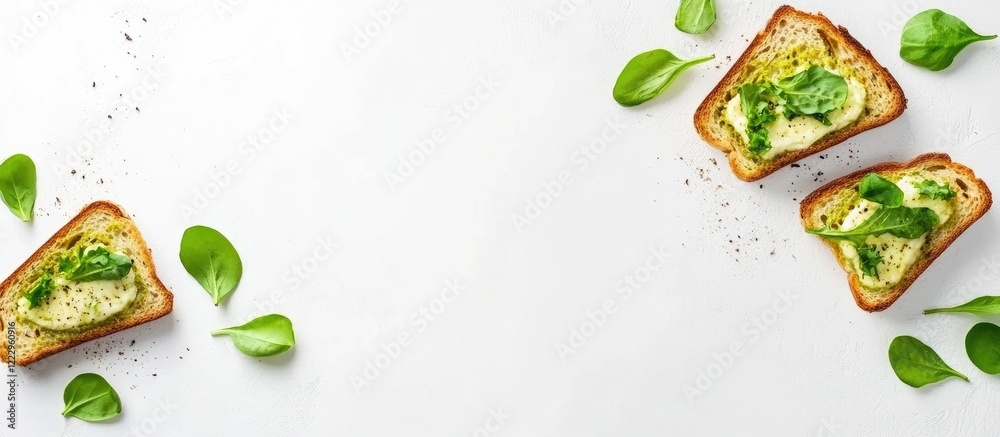 Aufkleber flying green sandwiches with cheese and herbs on a white background traditional breakfast concept wi