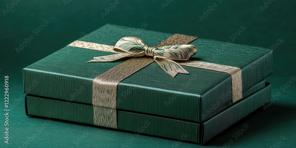 Poster Elegant green gift box with decorative bow on textured background perfect for special occasions and customizable messaging space