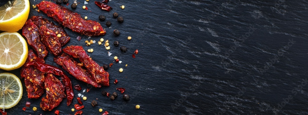 Poster Dried pork slices with garlic chili and lemon on a black background with empty space for text or design elements.