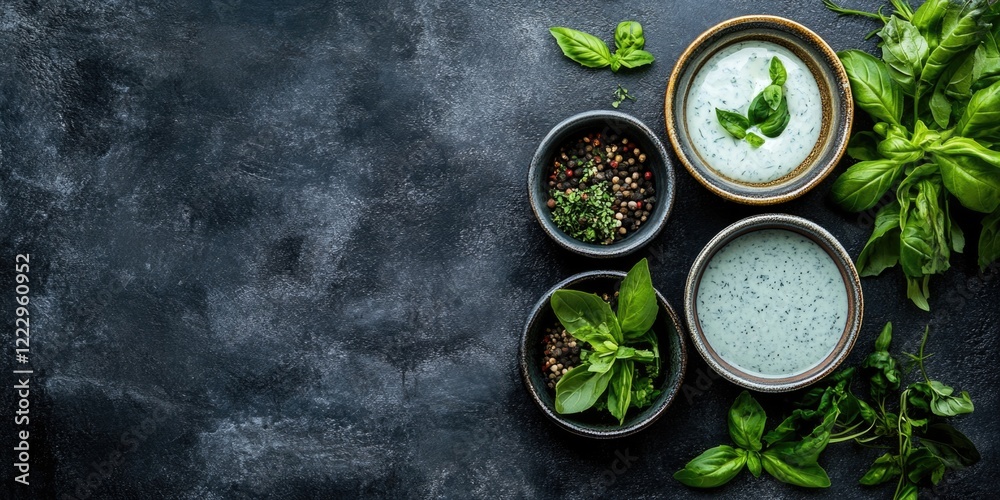 Poster elegant dish presentation with fresh herbs and sauces on dark background with empty space for text a