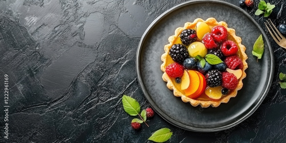 Poster elegant pastry tart topped with fresh berries and fruits on a dark background with space for text or
