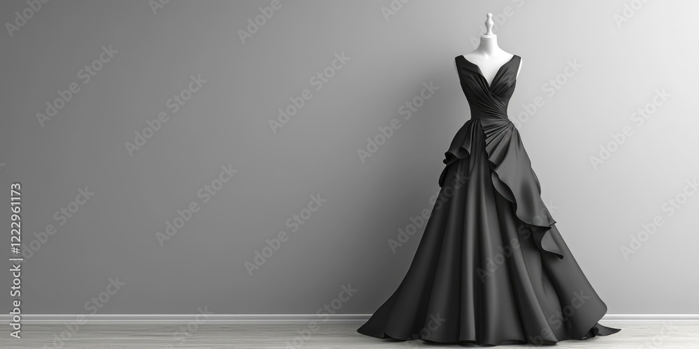 Poster Elegant evening gown displayed on a chic mannequin with minimalistic background and ample copy space for promotional text or branding.