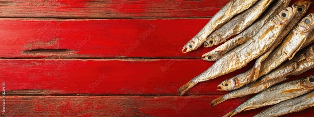 Aufkleber dried fish arranged on a wooden table against a vibrant red backdrop providing ample space for text 