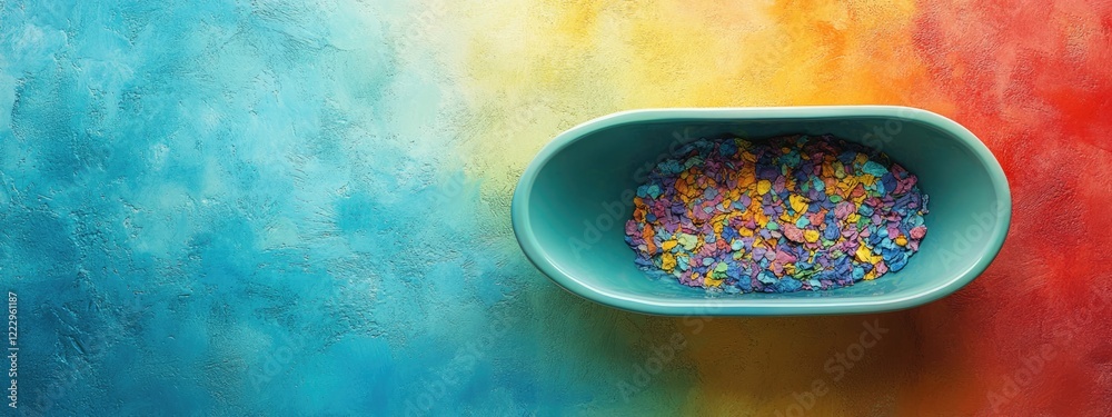 Poster Dried colorful grains in a vibrant bathtub on a gradient background with ample empty space for text or design elements.