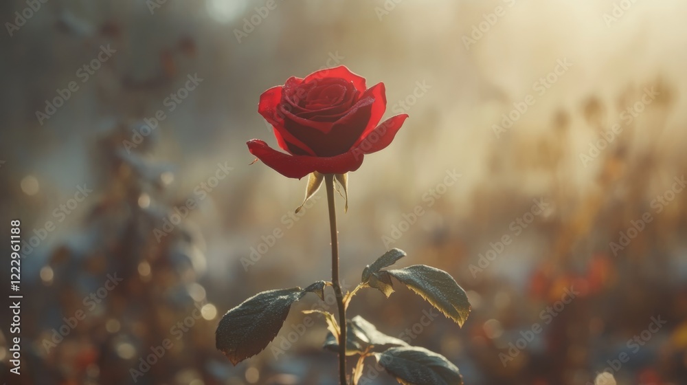 Poster close up of a vibrant red rose illuminated by soft morning light ideal for romantic themes and decor