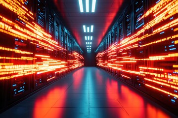 Fototapeta premium Concept of encrypted data transfer represented by glowing data streams and a secure server in a clean, neutral environment