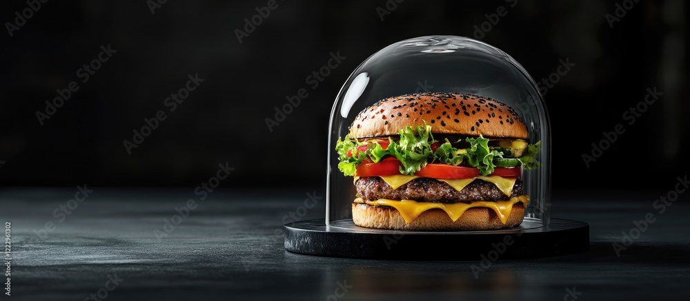 Poster Creative food photography of a floating cheeseburger under a glass cloche on a dark background with empty space for text or branding.