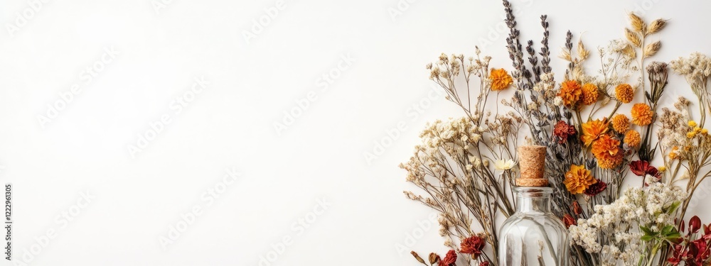 Aufkleber dried flowers in a glass bottle on a white background with ample copy space for text and branding op
