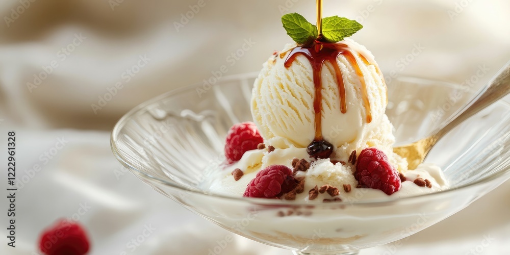 Poster elegant dessert presentation featuring vanilla ice cream garnished with syrup and fresh raspberries 