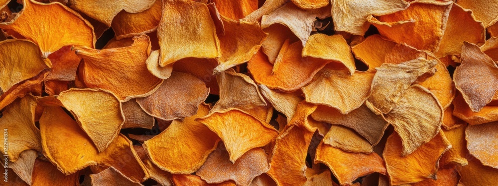 Poster Dried orange peel texture creating an abstract background with ample space for text and design elements. Vivid natural colors and patterns.